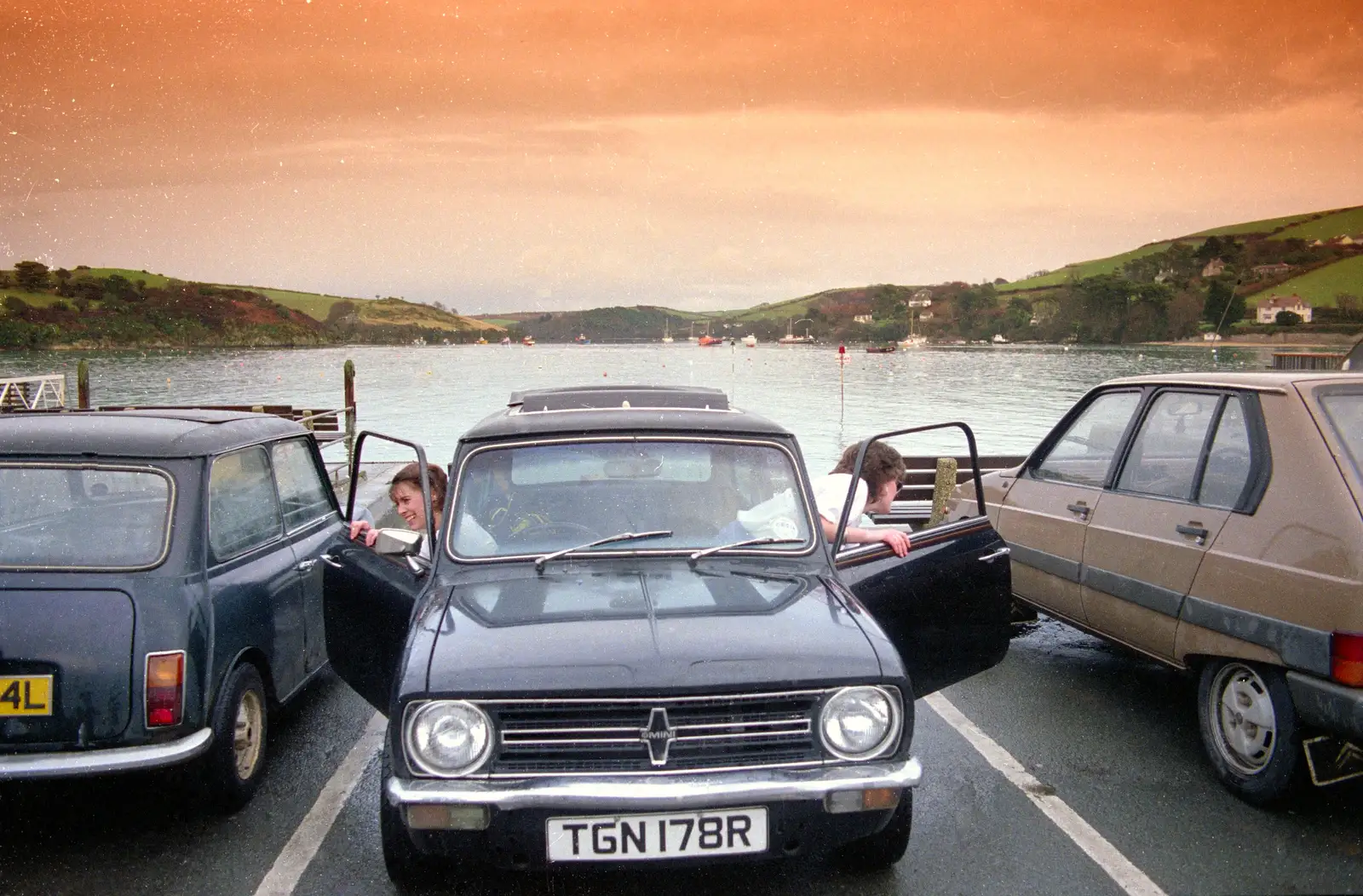 Michelle and Ruth pile out of their Mini, from Uni: The Satique Project, Salcombe and Plymouth - 15th January 1987