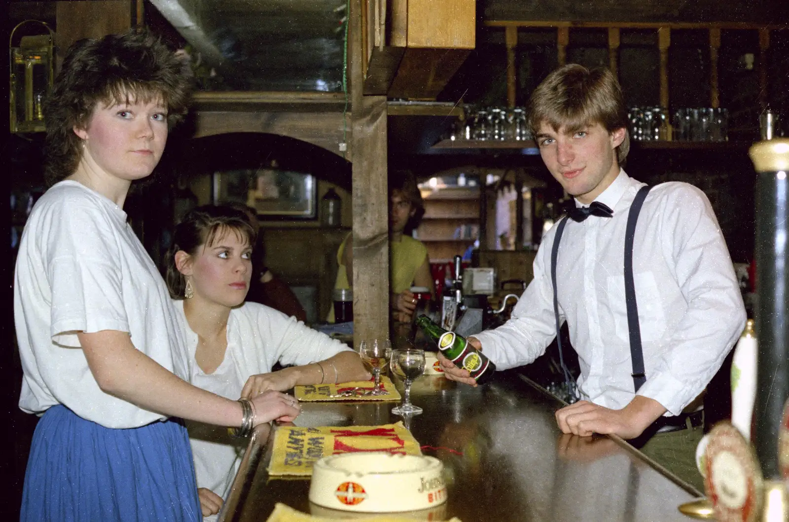 Ruth, Michelle and 'the barman', from Uni: The Satique Project, Salcombe and Plymouth - 15th January 1987
