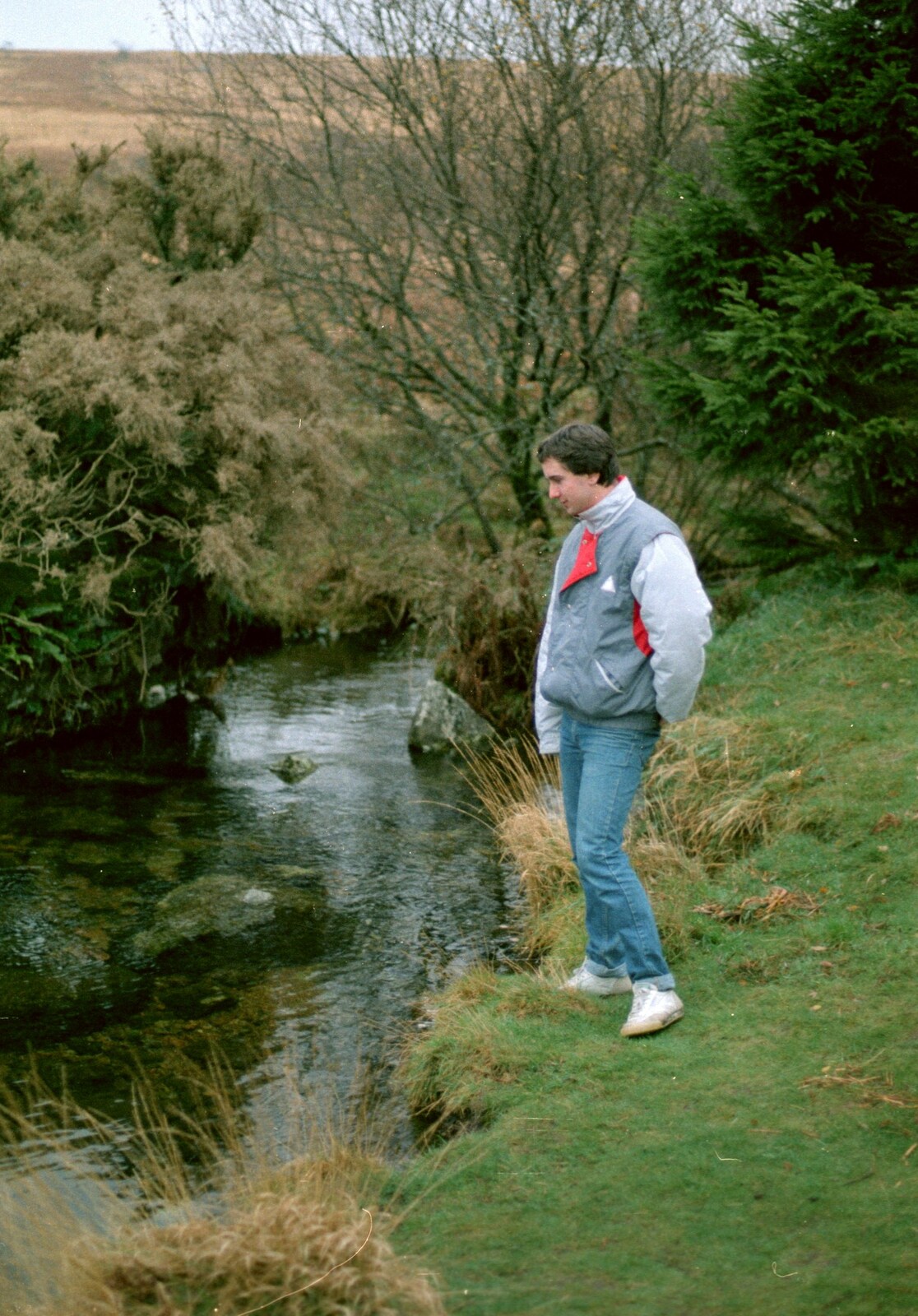 Riki stares at a river from Uni: A Trip to Venford Resevoir, Dartmoor, Devon - 18th January 1987