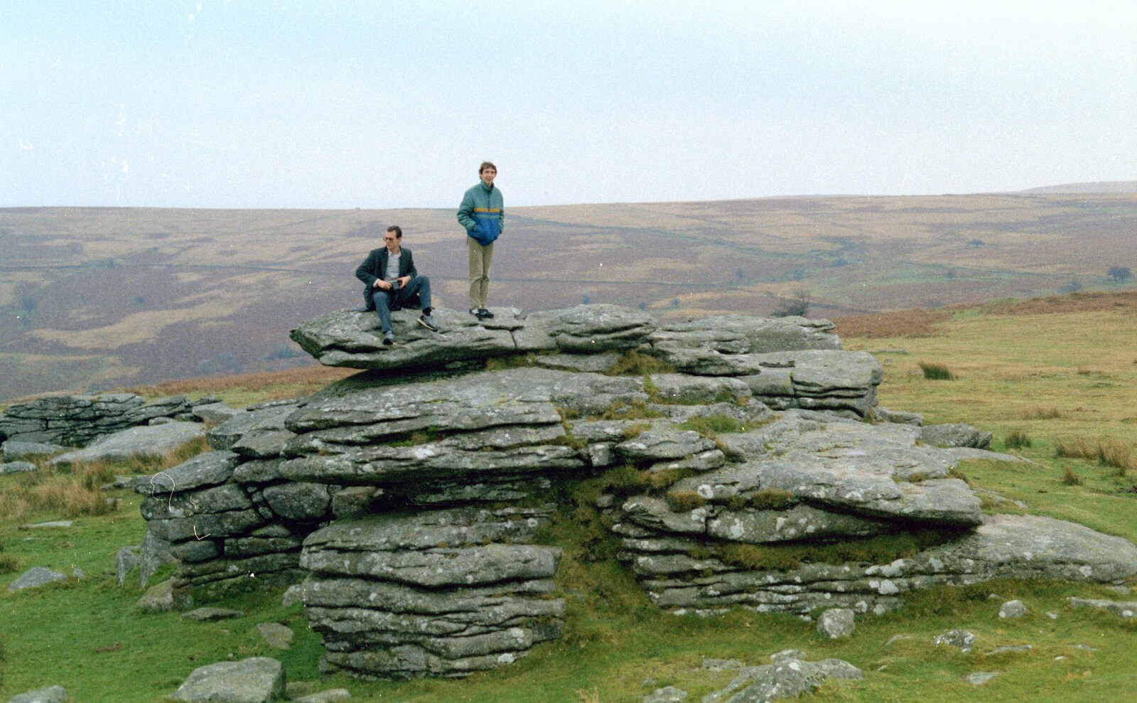 Chris and Dave on the top of a tor from Uni: A Trip to Venford Resevoir, Dartmoor, Devon - 18th January 1987