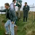 The lads pile over a stile, Uni: A Trip to Venford Resevoir, Dartmoor, Devon - 18th January 1987