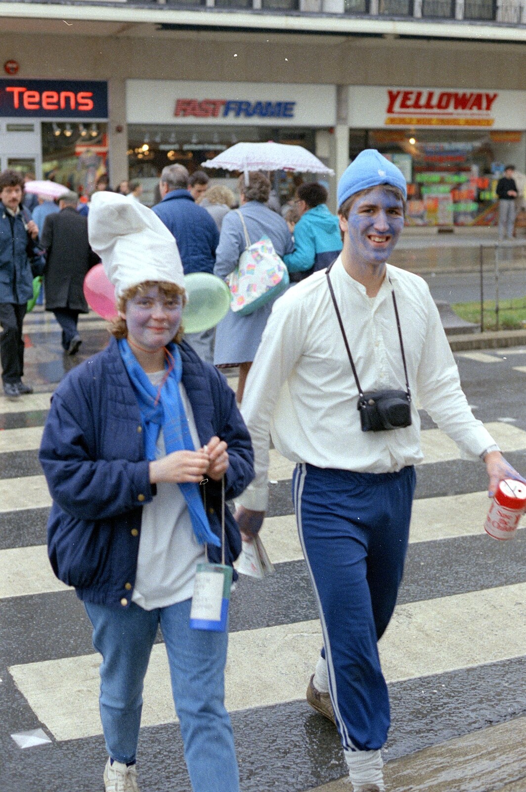 A couple of smurfs on Old Town Street from Uni: The PPSU Pirate RAG Parade, Plymouth, Devon - 14th February 1987