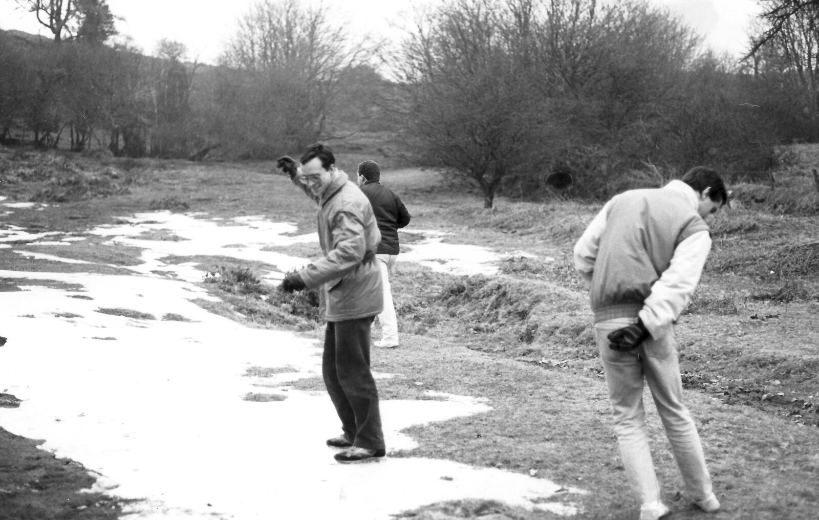 Chris, Feature and Rik on the ice at Venford from Uni: The Second Year in Black and White, Plymouth Polytehnic, Devon - 8th March 1987