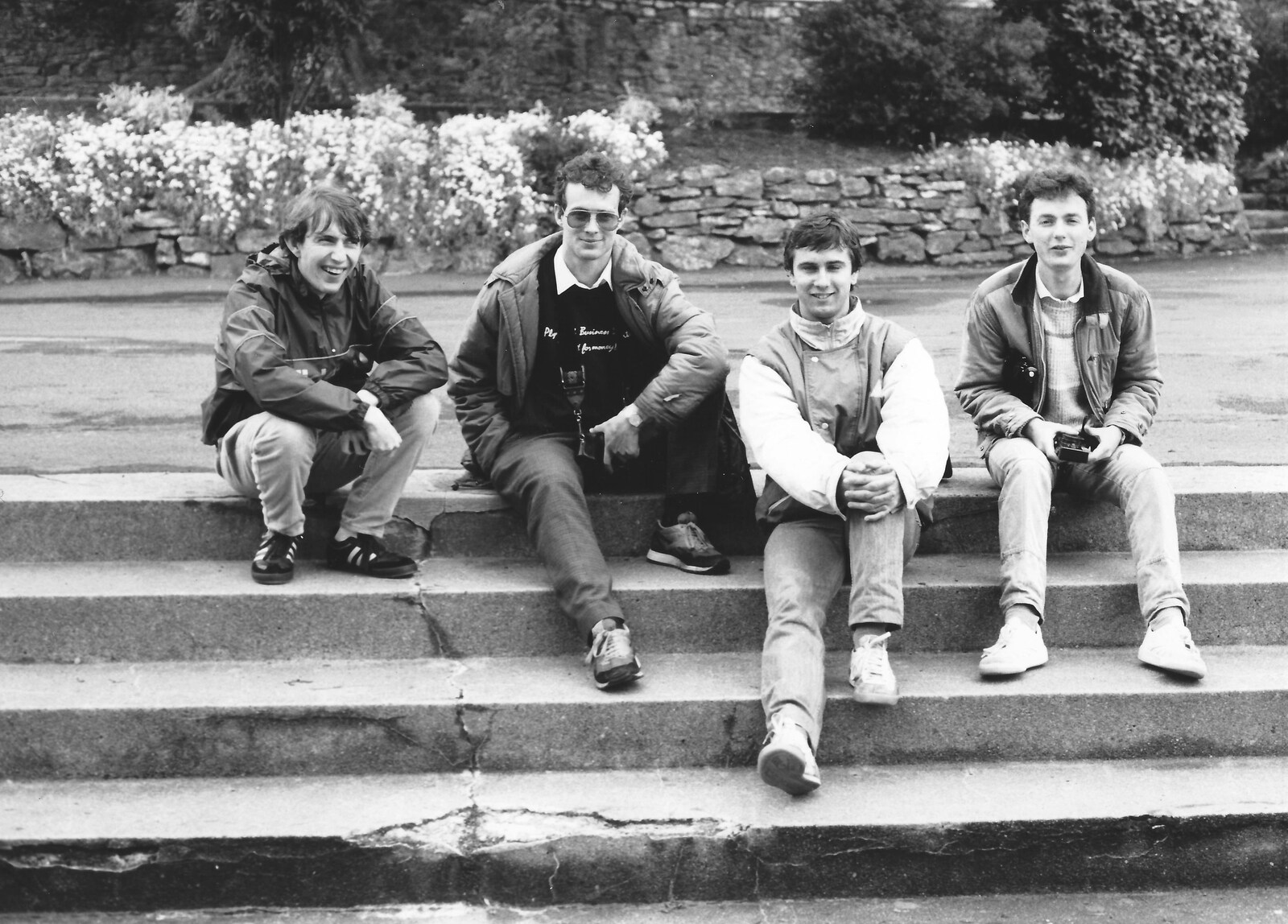 Dave, Chris, Riki and John outside Buckfast Abbey from Uni: The Second Year in Black and White, Plymouth Polytehnic, Devon - 8th March 1987
