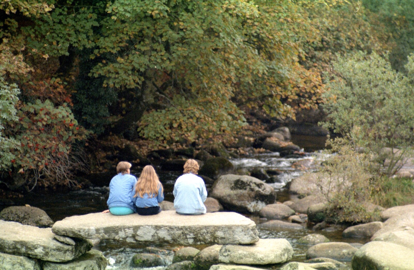 Three girls sit on the old bridge at Badger's Holt from A Trip to Trotsky's Mount, Dartmoor, Devon - 20th March 1987