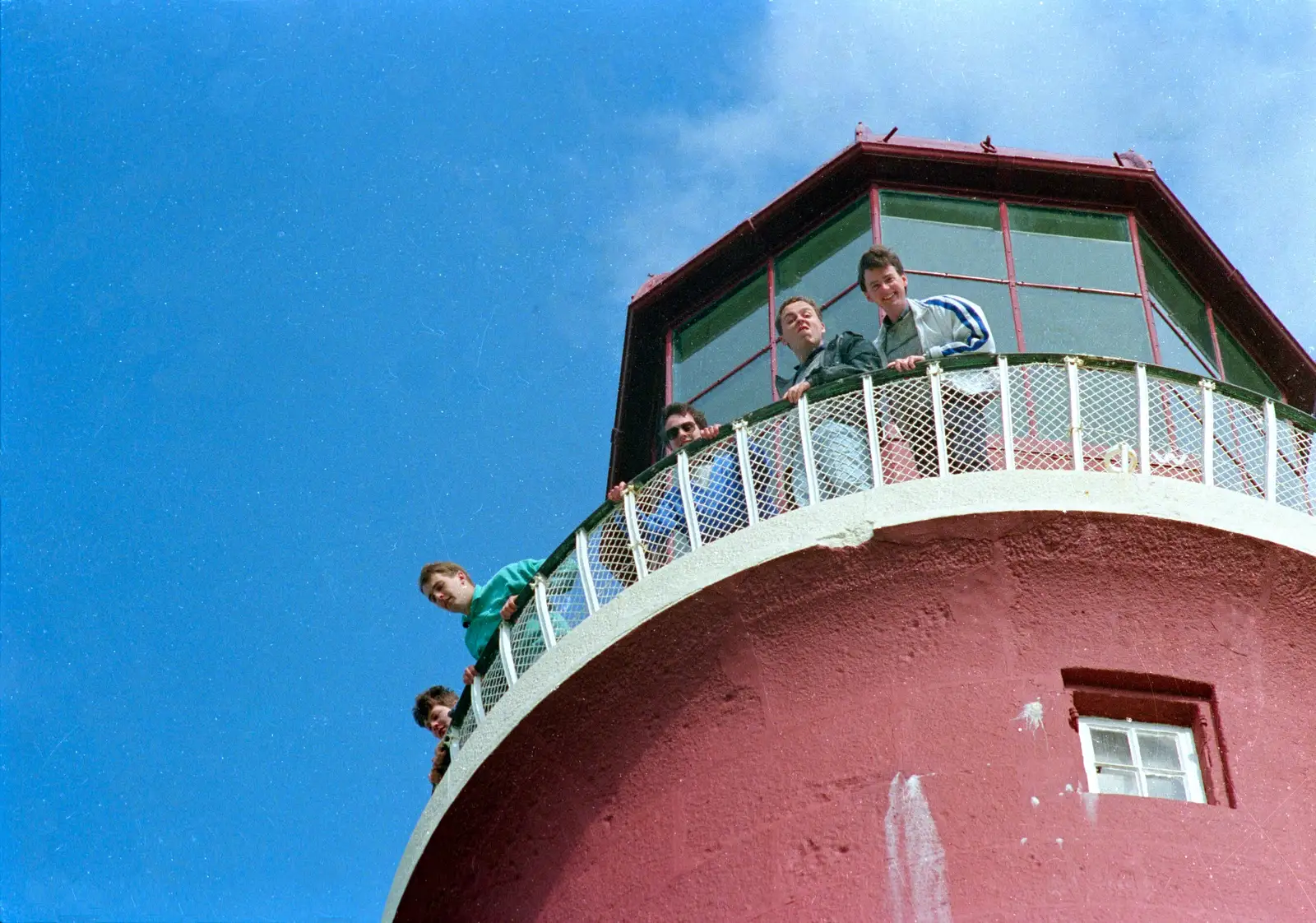 Chris, Andy and John Stewart on Smeaton's Tower, from Uni: Scenes from the PPSU Bar, Plymouth, Devon - 2nd April 1987