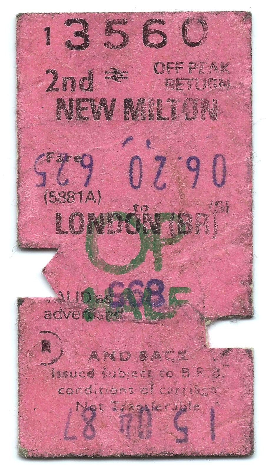 A BR rail ticket from New Milton to London from Mother's 40th, Burton, Christchurch, Dorset - 18th April 1987
