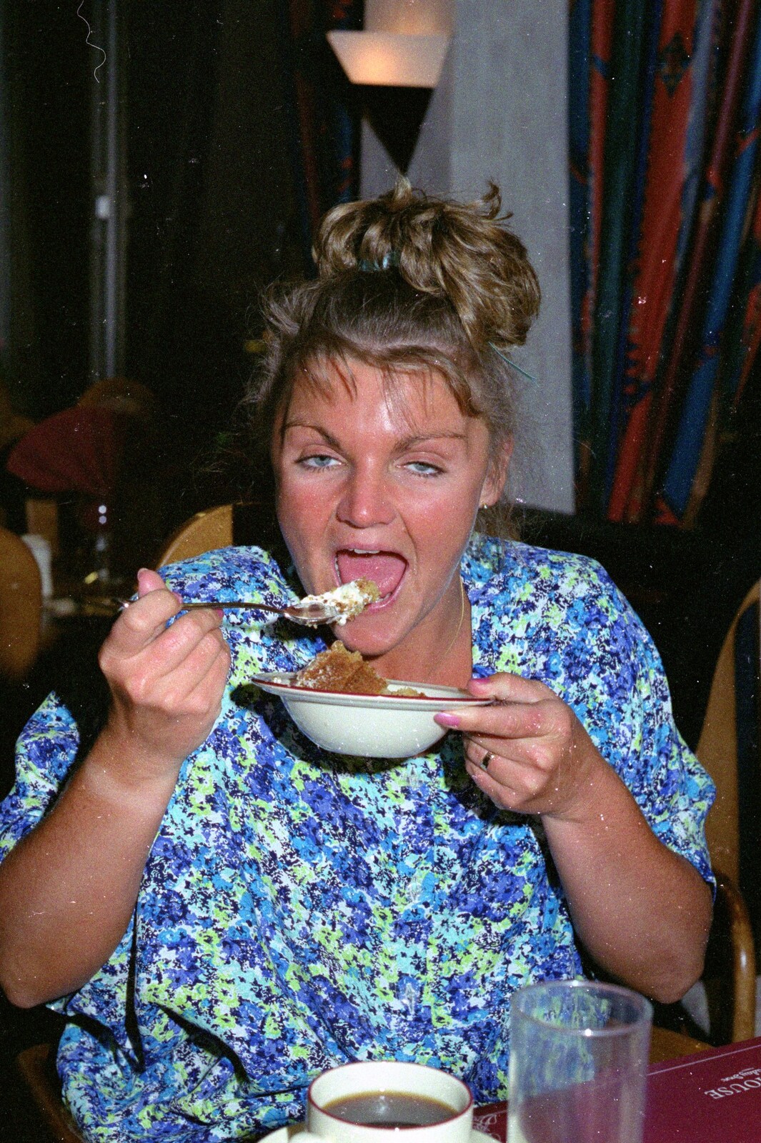 A non-flattering photo of Chantal eating from Chantal and Andy's Wedding, and the Lord Mayor's Parade, Plymouth - 20th May 1987