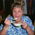 A non-flattering photo of Chantal eating, Chantal and Andy's Wedding, and the Lord Mayor's Parade, Plymouth - 20th May 1987