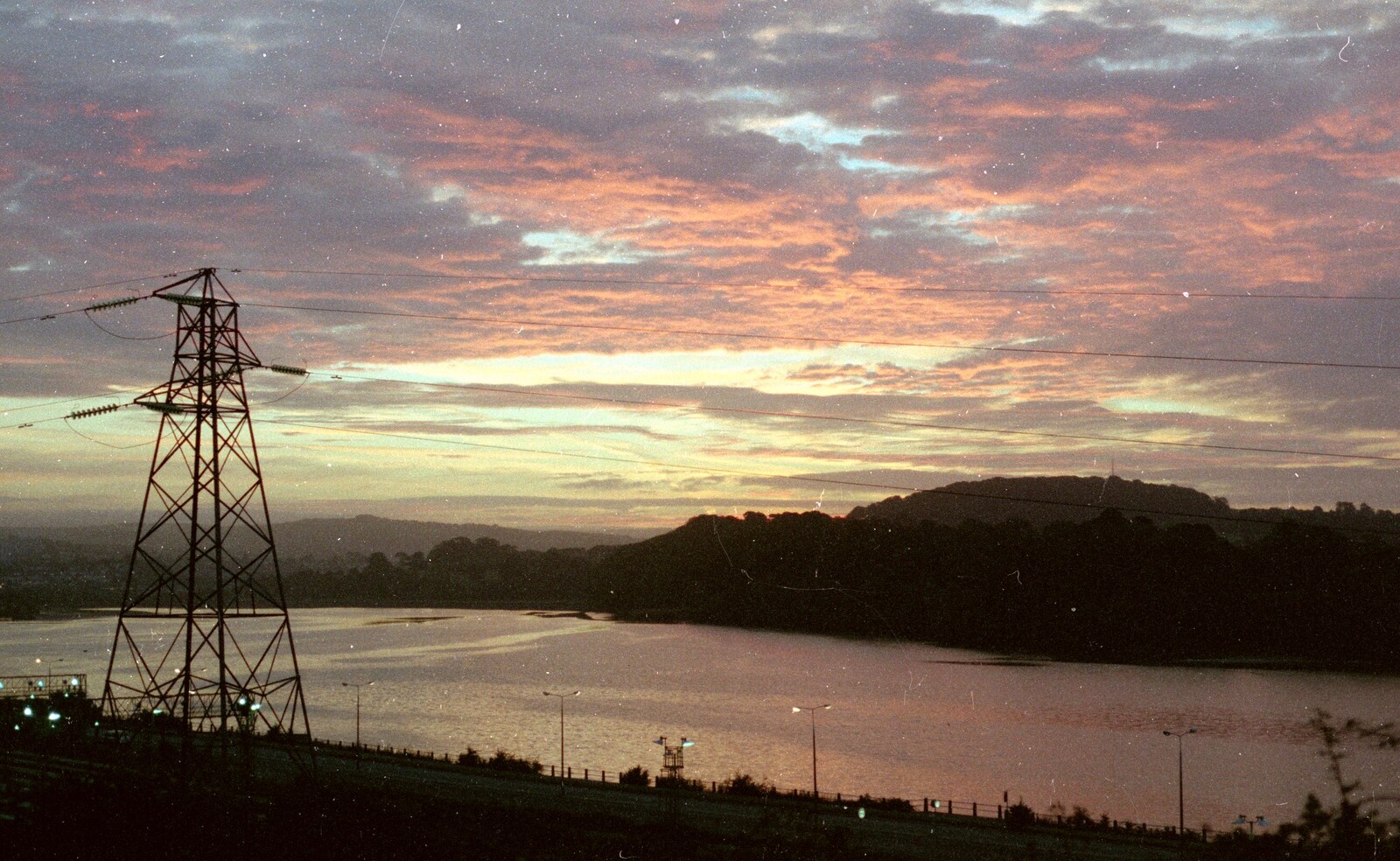 Sunrise and a pylon, looking over Embankment Road from Uni: A Neath Road Summer, St. Jude's, Plymouth - 18th August 1987