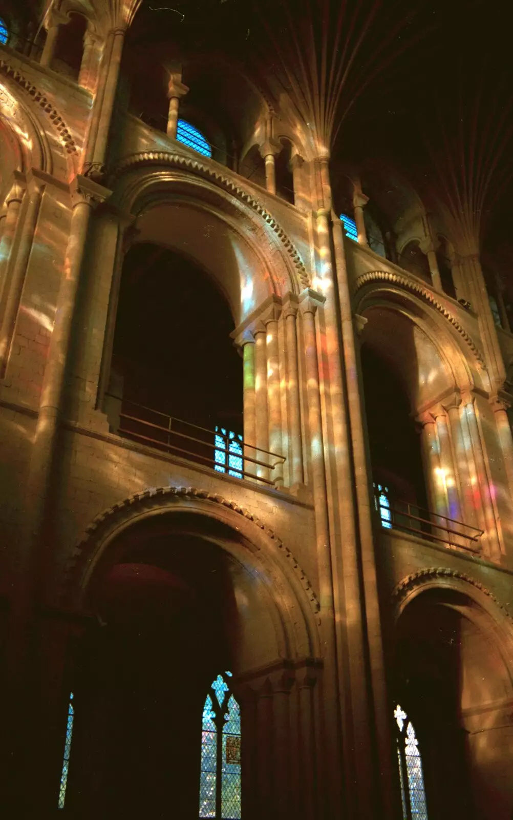 Coloured light on the columns of the cathedral, from From Waterloo Station to Great Yarmouth, London and Norfolk - 20th September 1987