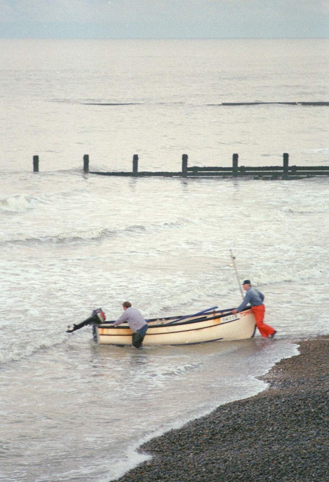 A couple of fishermen put to sea from A Visit to Sheringham, North Norfolk - 20th November 1987