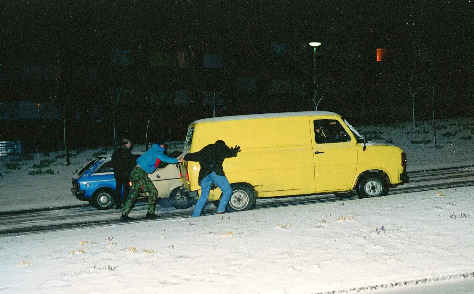 Barney and Richard push a van up Grapes Hill , from Sandbach to Loch Lomond, Cheshire and Scotland - 10th December 1987