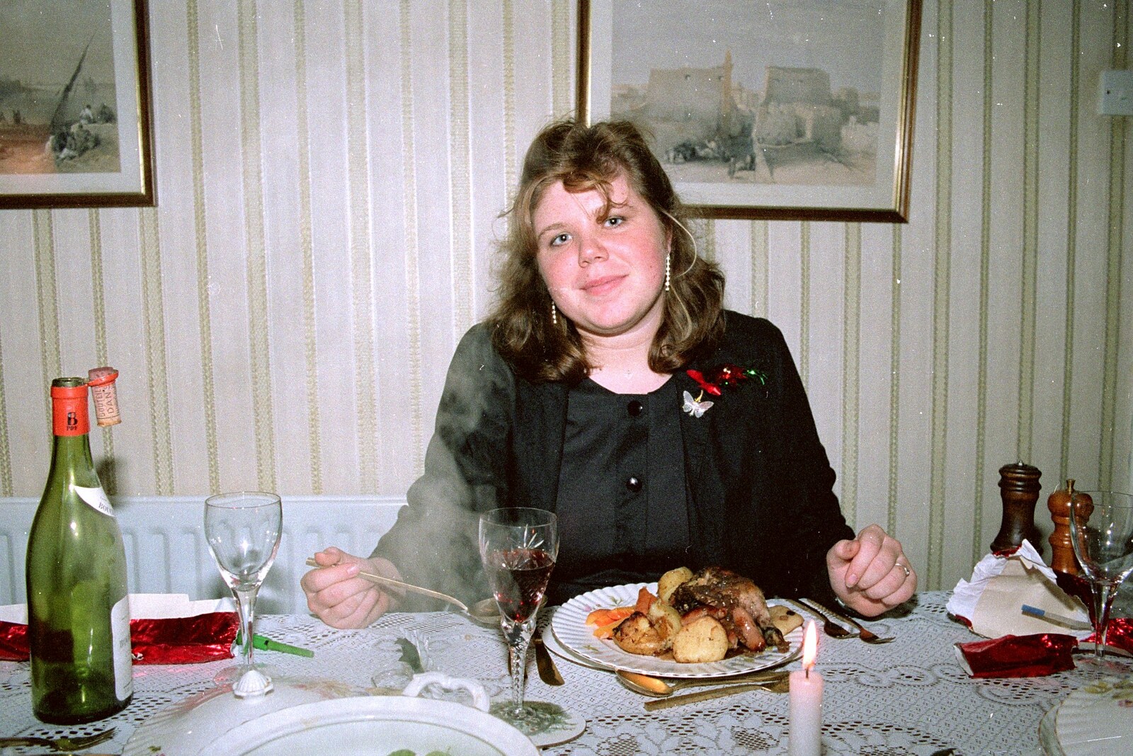 Sis and a pile of food from Hamish's 21st and Christmas, New Milton and Bransgore - 25th December 1987