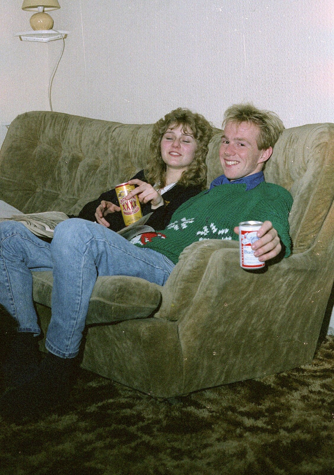 Emma and Martin have a beer from Soman-Wherry Footie Action, Norfolk - 25th February 1988