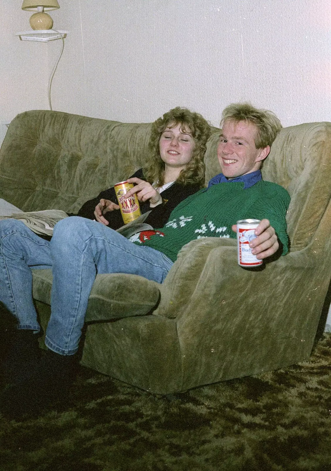 Emma and Martin have a beer, from Soman-Wherry Footie Action, Norfolk - 25th February 1988