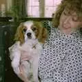 Sue and dog in the offices, Soman-Wherry Footie Action, Norfolk - 25th February 1988