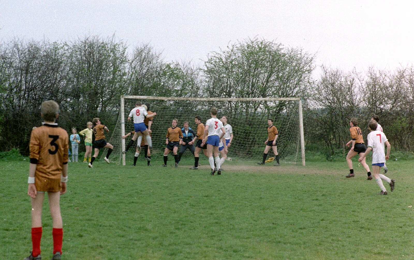 Kevin Molloy defends the Soman's goal from Soman-Wherry Footie Action, Norfolk - 25th February 1988