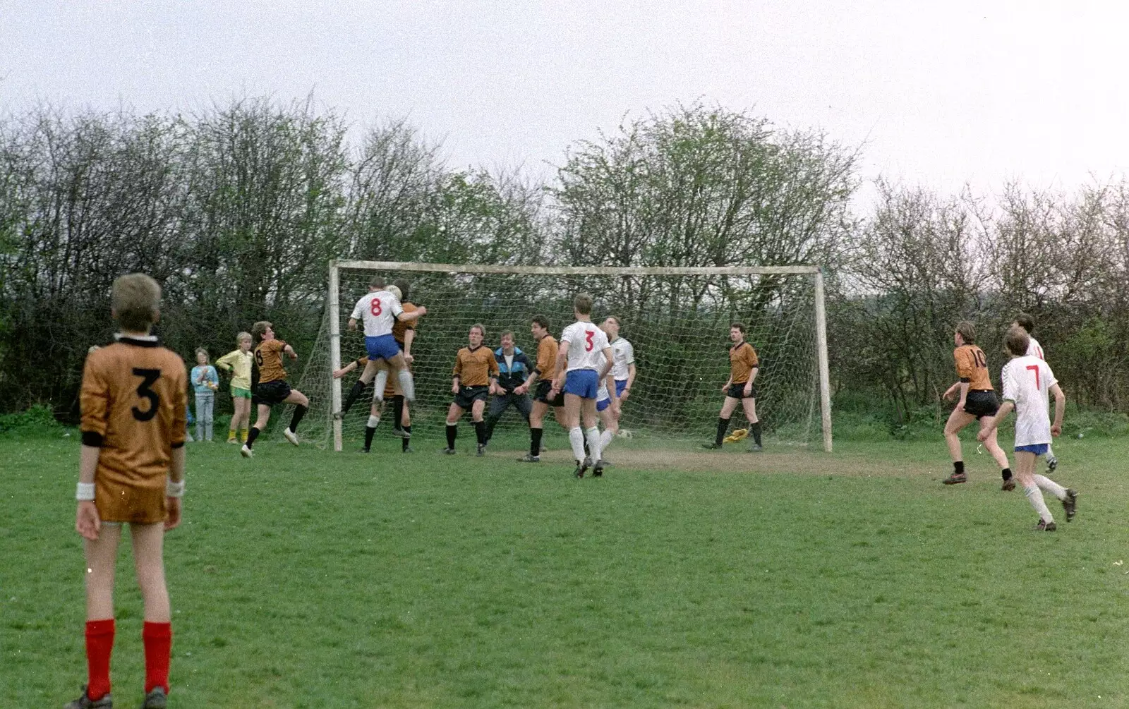 Kevin Molloy defends the Soman's goal, from Soman-Wherry Footie Action, Norfolk - 25th February 1988