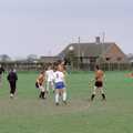 Simon 'Burton' Berry comes in for a header, Soman-Wherry Footie Action, Norfolk - 25th February 1988