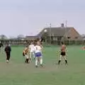 Simon 'Burton' Berry comes in for a header, Soman-Wherry Footie Action, Norfolk - 25th February 1988