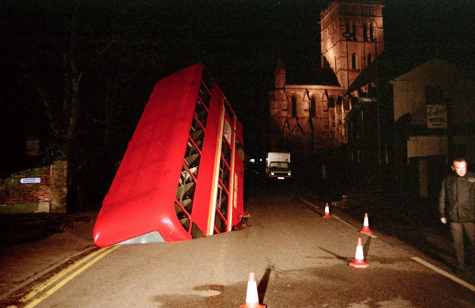 A wider view, with Earlham Cathedral in the background, from A Bus in a Hole, Earlham Road, Norwich - 3rd March 1988