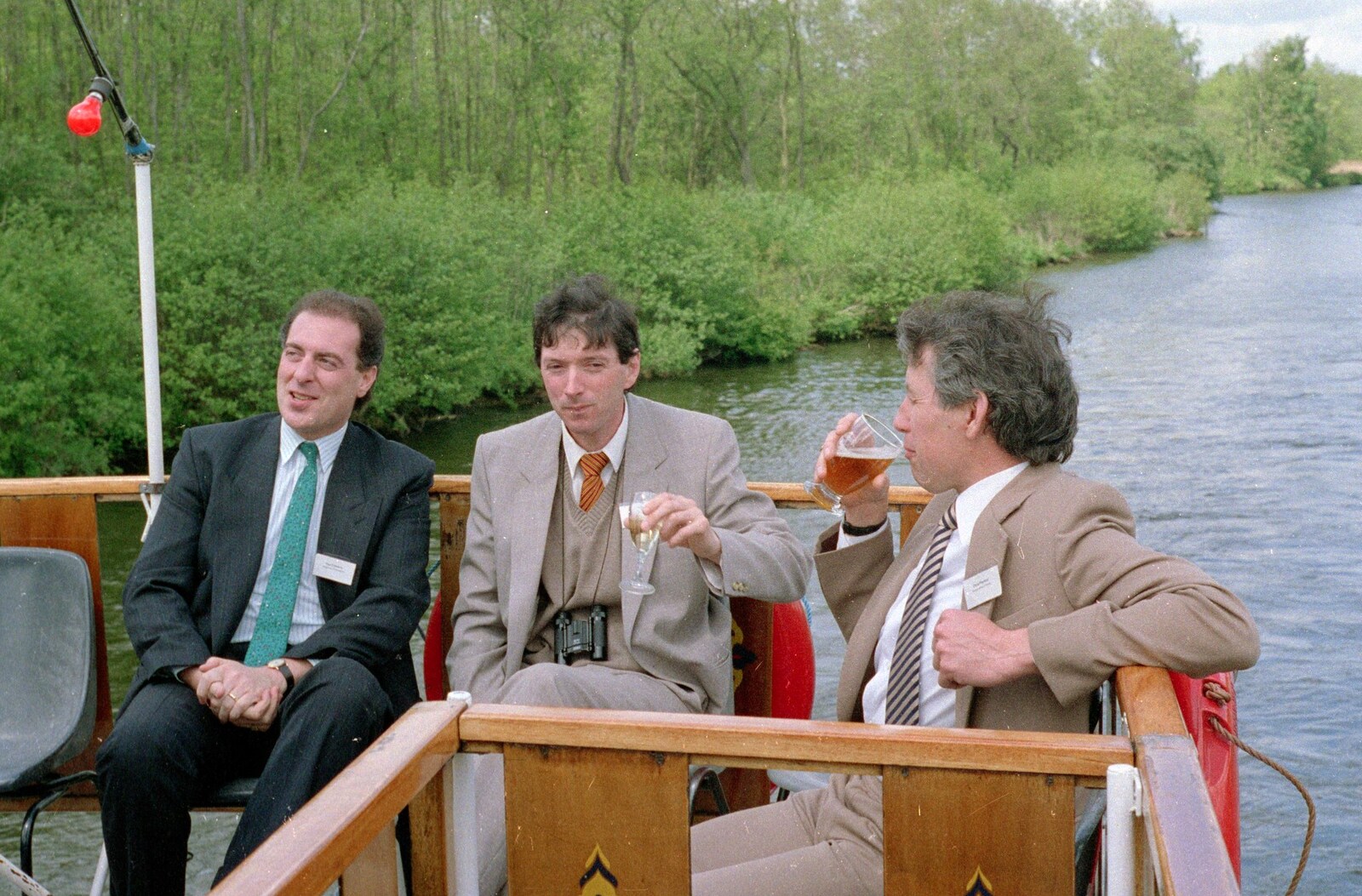 Chris Playford (right) has a slurp from A Soman-Wherry Press Boat Trip, Horning, The Broads, Norfolk - 8th May 1988