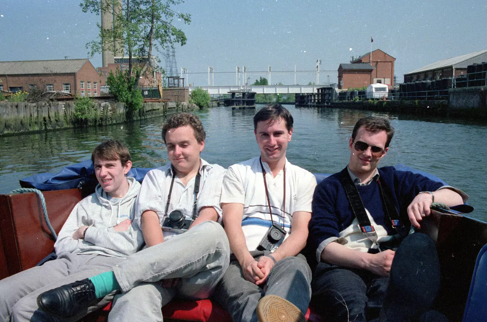 A grumpy Dave in the back of the boat, from The Plymouth Gang Visits Nosher in the Sticks, Red House, Buxton, Norfolk - 20th May 1988