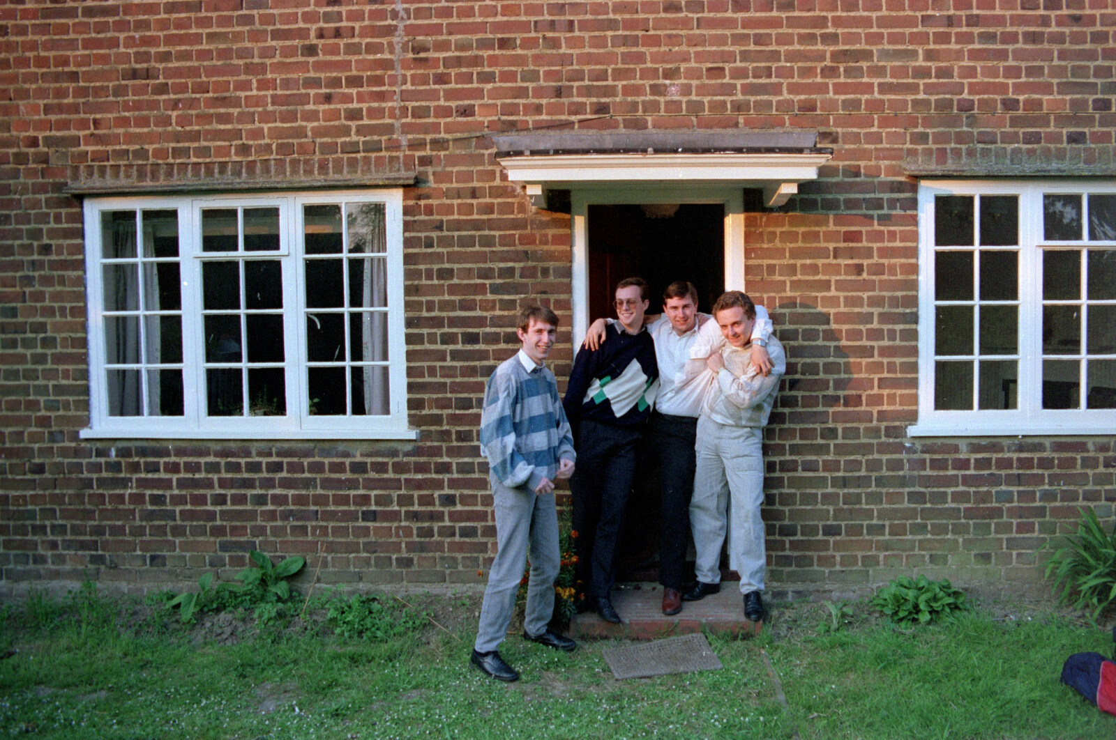 The lads mess around outside the front door from The Plymouth Gang Visits Nosher in the Sticks, Red House, Buxton, Norfolk - 20th May 1988