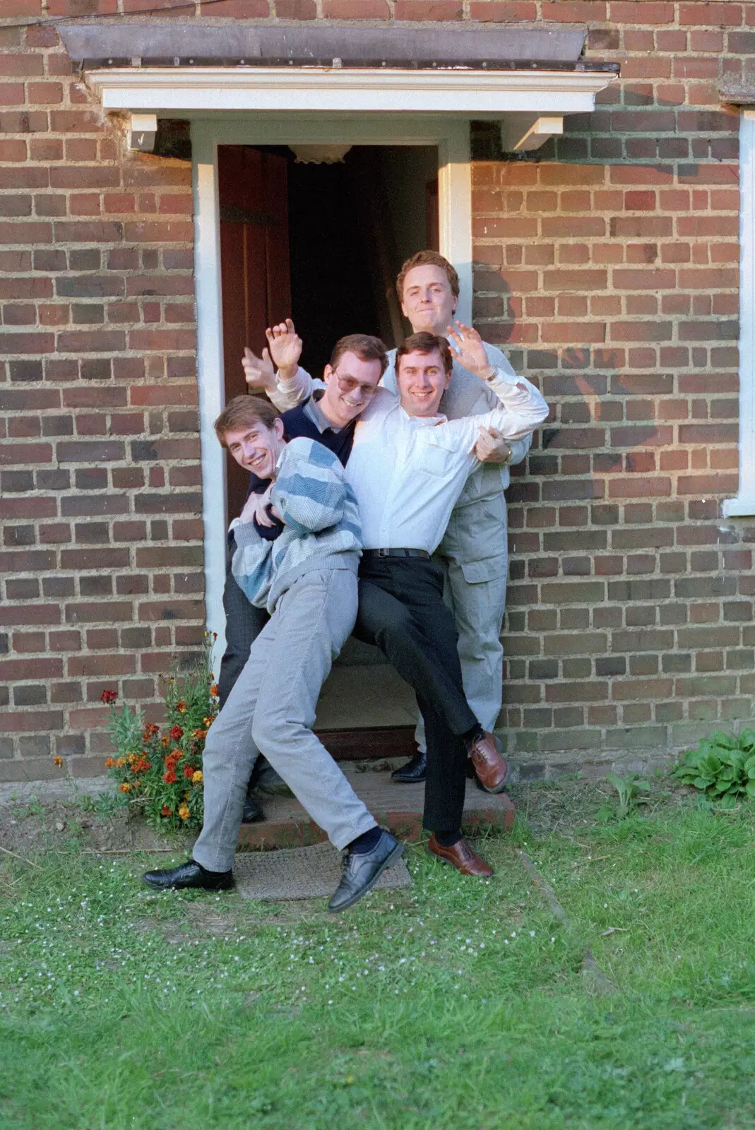 Dave, Chris, Riki and Andy mess about, from The Plymouth Gang Visits Nosher in the Sticks, Red House, Buxton, Norfolk - 20th May 1988