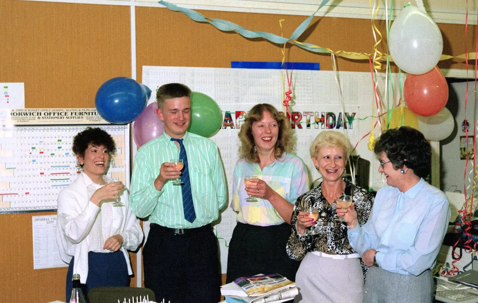 Rachel, Nosher, Sue, Valerie and Beryl, from Somans: Nosher's 21st Birthday at the Soman-Wherry Press, Norwich, Norfolk - 26th May 1988