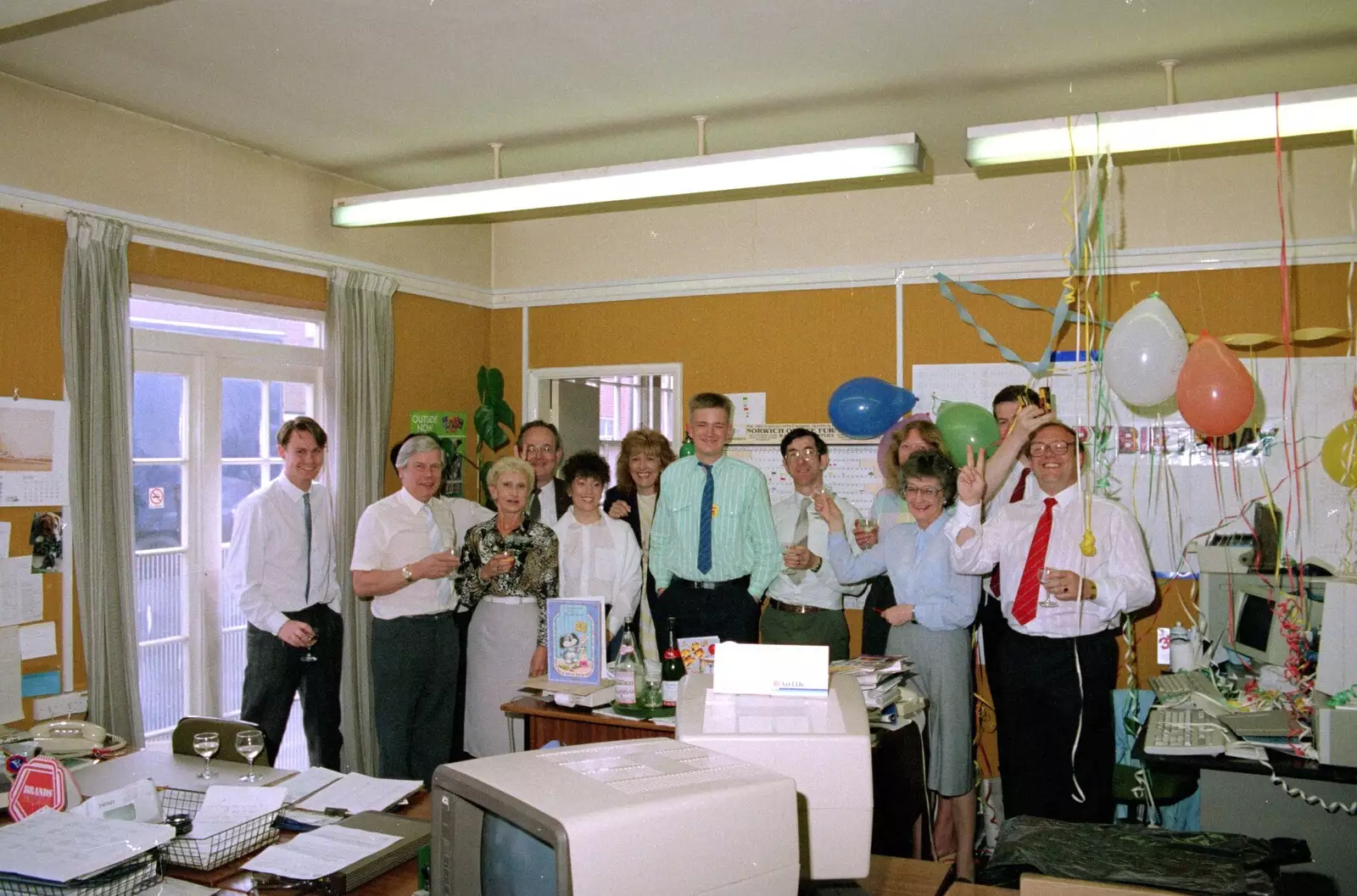 An office group photo, from Somans: Nosher's 21st Birthday at the Soman-Wherry Press, Norwich, Norfolk - 26th May 1988