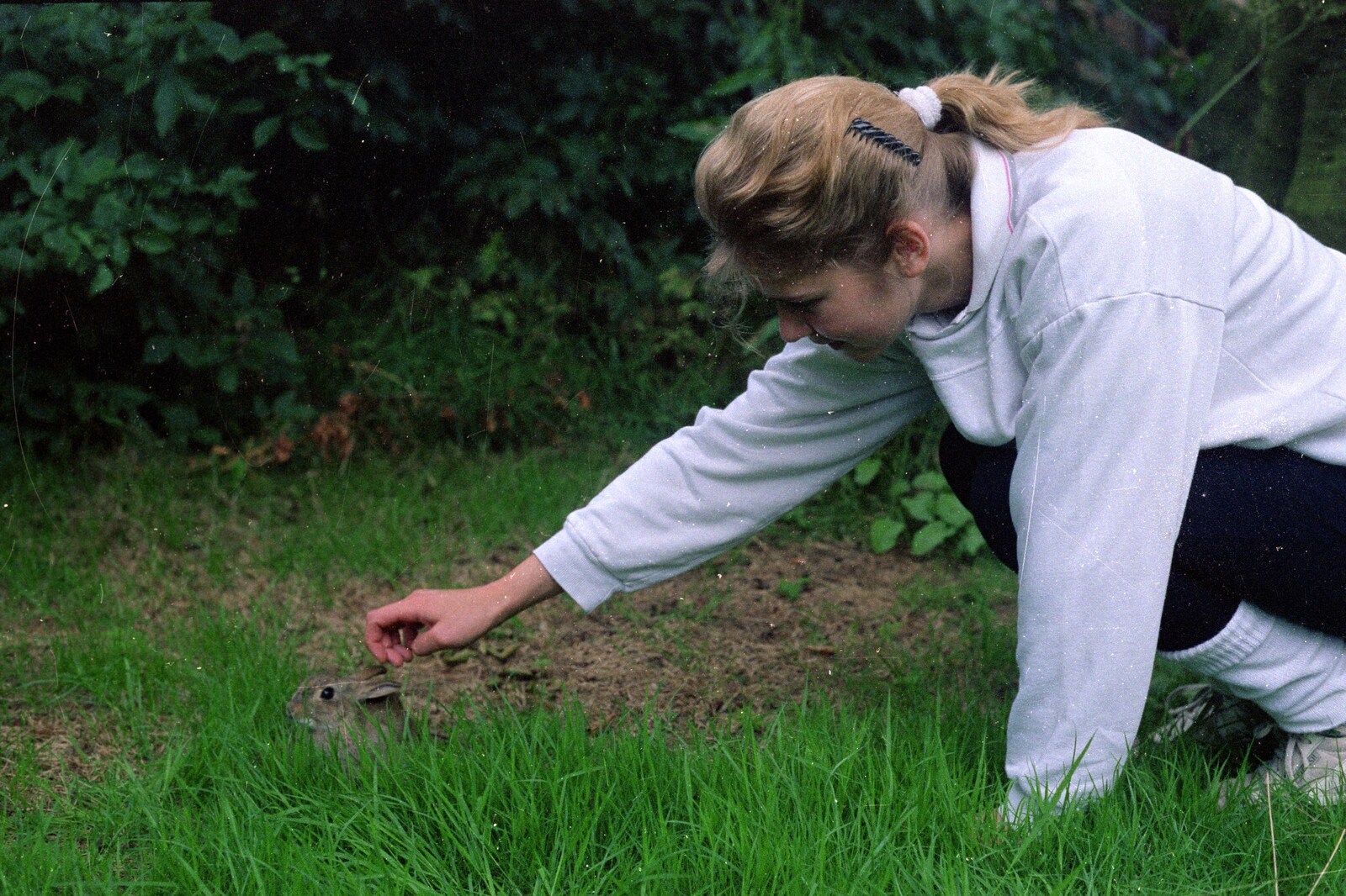 Emma strokes Gus from Gus, the Sewell's Cottage Rabbit, Red House, Norfolk - 27th June 1988