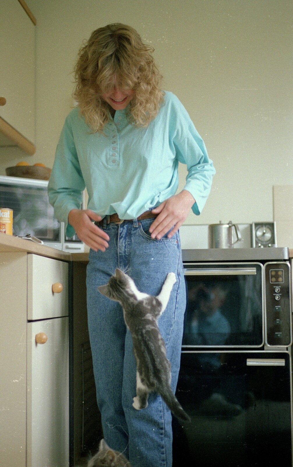Emma's got a kitten stuck to her leg from Gus, the Sewell's Cottage Rabbit, Red House, Norfolk - 27th June 1988