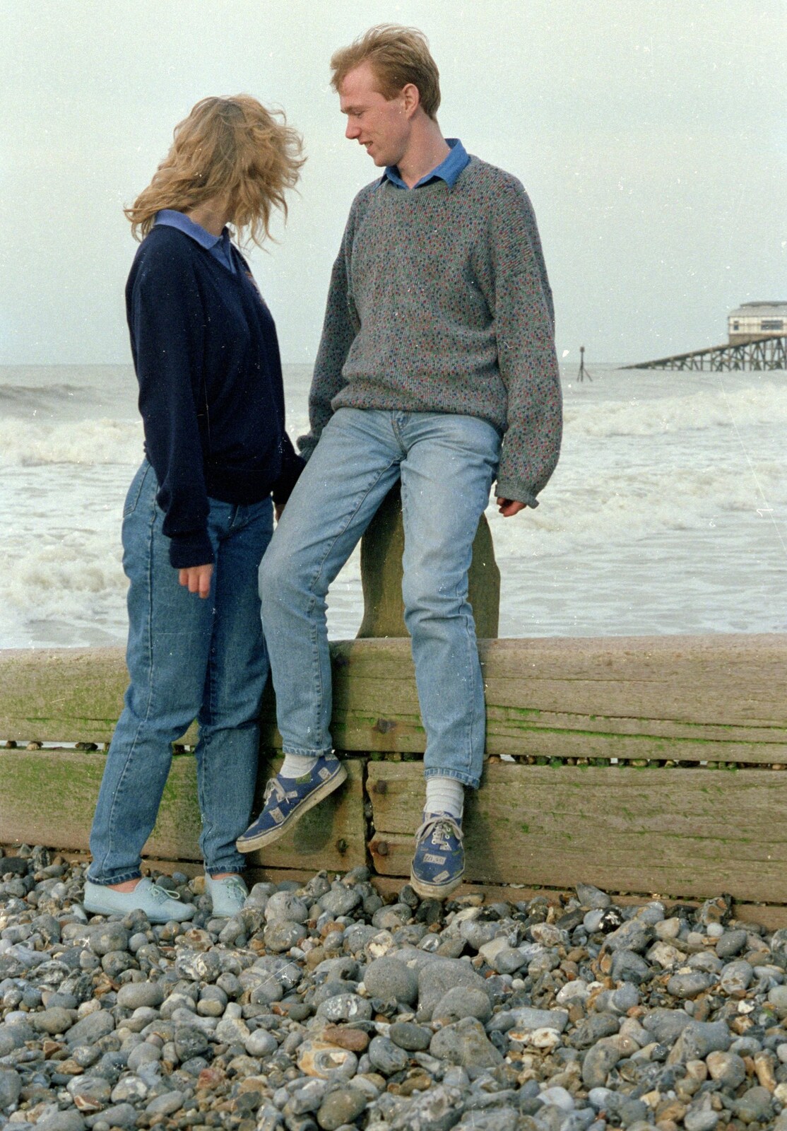 Emma and Martin, and Cromer pier from A Trip to the Beach, East Runton, Norfolk - 6th July 1988