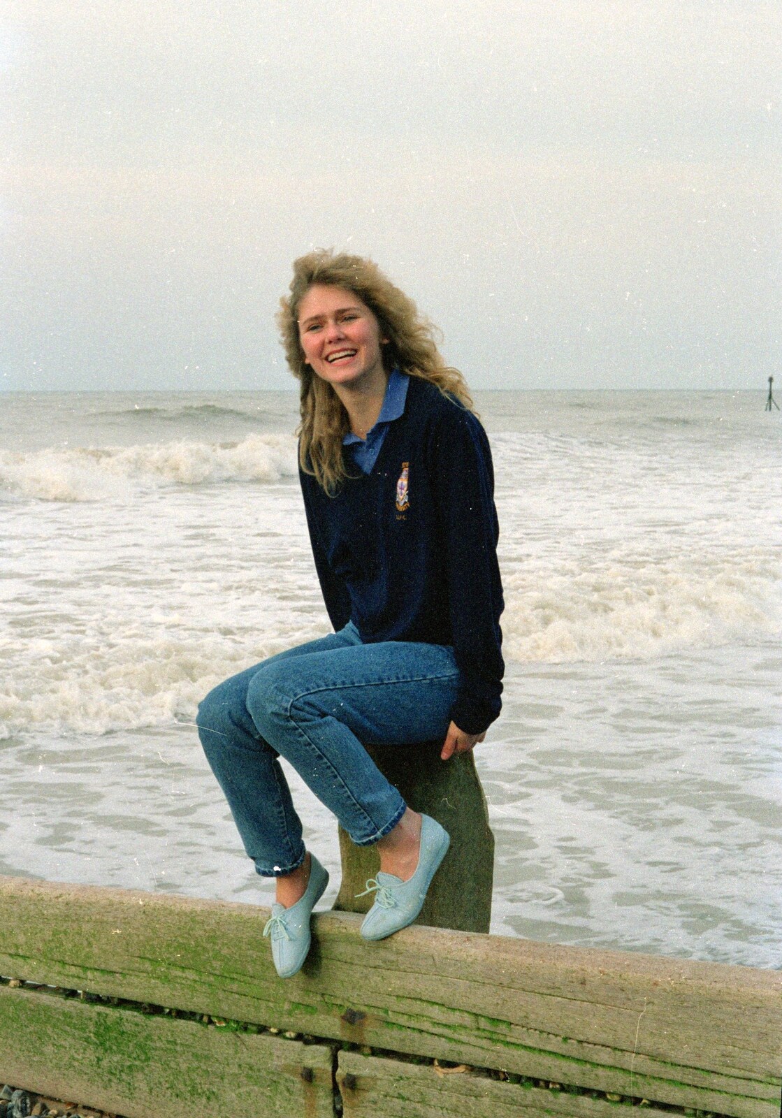 Emma Sapey on a sea groyne from A Trip to the Beach, East Runton, Norfolk - 6th July 1988