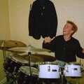 Martin throws his drum stick in the air, Soman-Wherry and a Drumkit, Norwich and Red House, Norfolk - 22nd July 1988