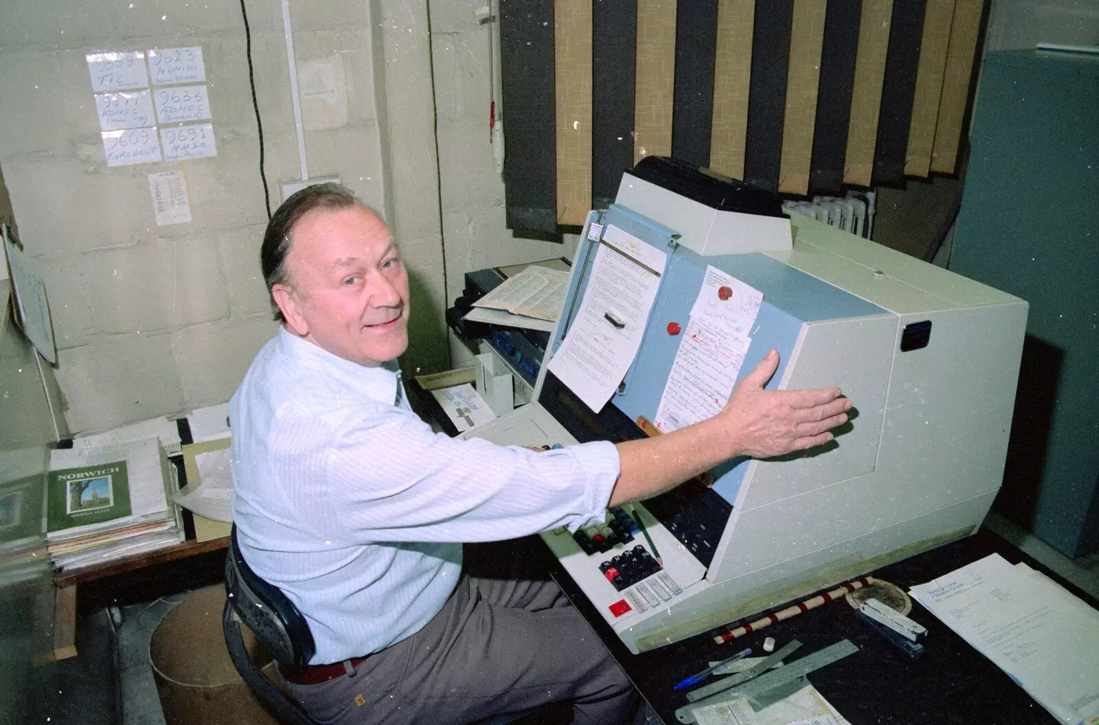 Leslie gives the Linotype machine a pat, from Soman-Wherry and a Drumkit, Norwich and Red House, Norfolk - 22nd July 1988