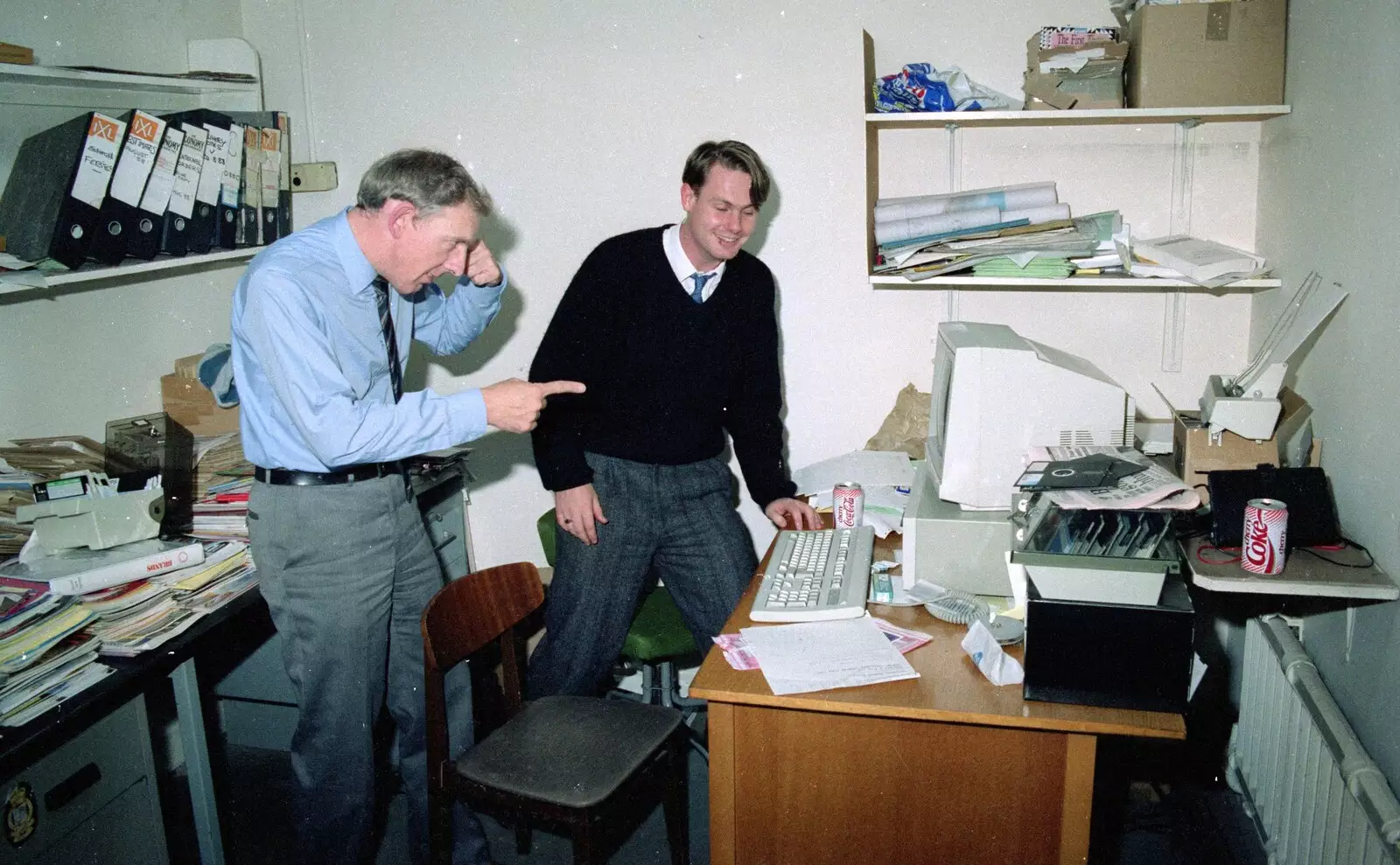 Check-it-out Baz and Burton Berry at Nosher's desk, from Soman-Wherry and a Drumkit, Norwich and Red House, Norfolk - 22nd July 1988