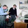 Check-it-out Baz and Burton Berry at Nosher's desk, Soman-Wherry and a Drumkit, Norwich and Red House, Norfolk - 22nd July 1988