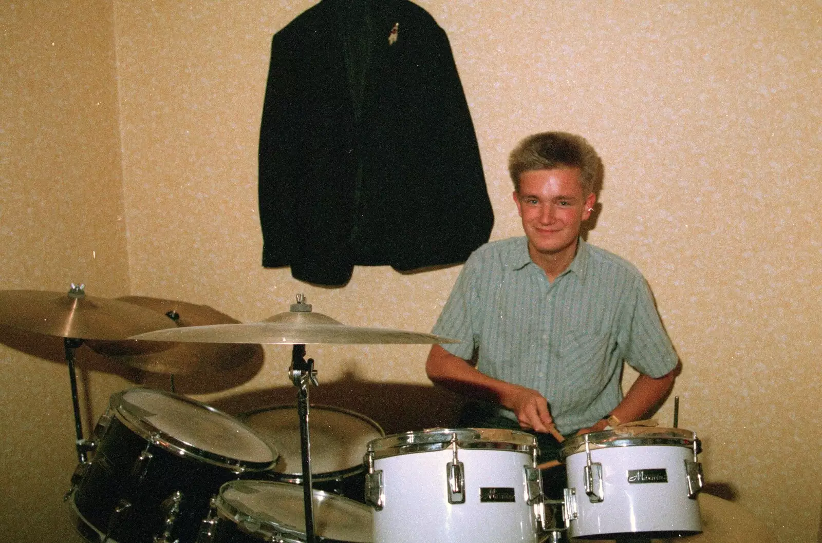 Nosher plays drums, from Soman-Wherry and a Drumkit, Norwich and Red House, Norfolk - 22nd July 1988