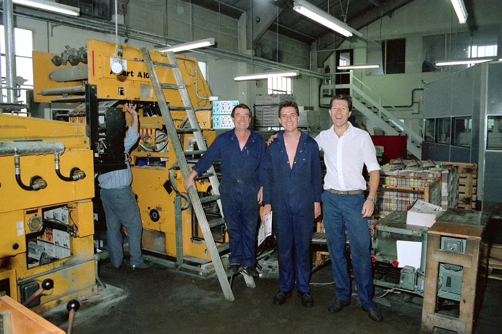 The boys in the factory on an Albert A101 press, from Nosher Leaves Soman-Wherry Press, Norwich - 3rd August 1988