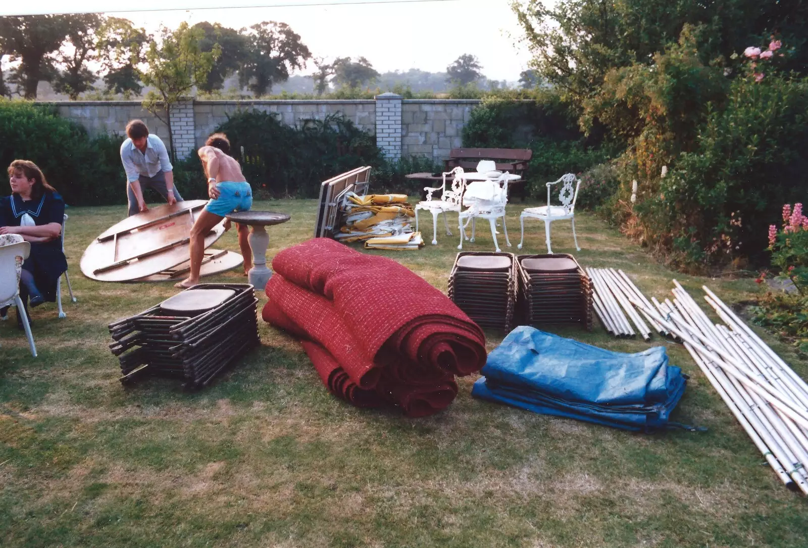 A wedding marquee kit is laid out on the lawn, from Mother and Mike's Wedding Reception, Bransgore, Dorset - 20th August 1988