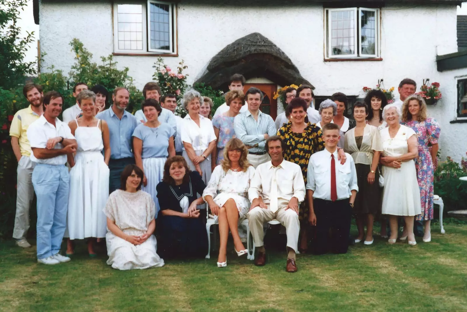 Nosher's in a group photo, from Mother and Mike's Wedding Reception, Bransgore, Dorset - 20th August 1988