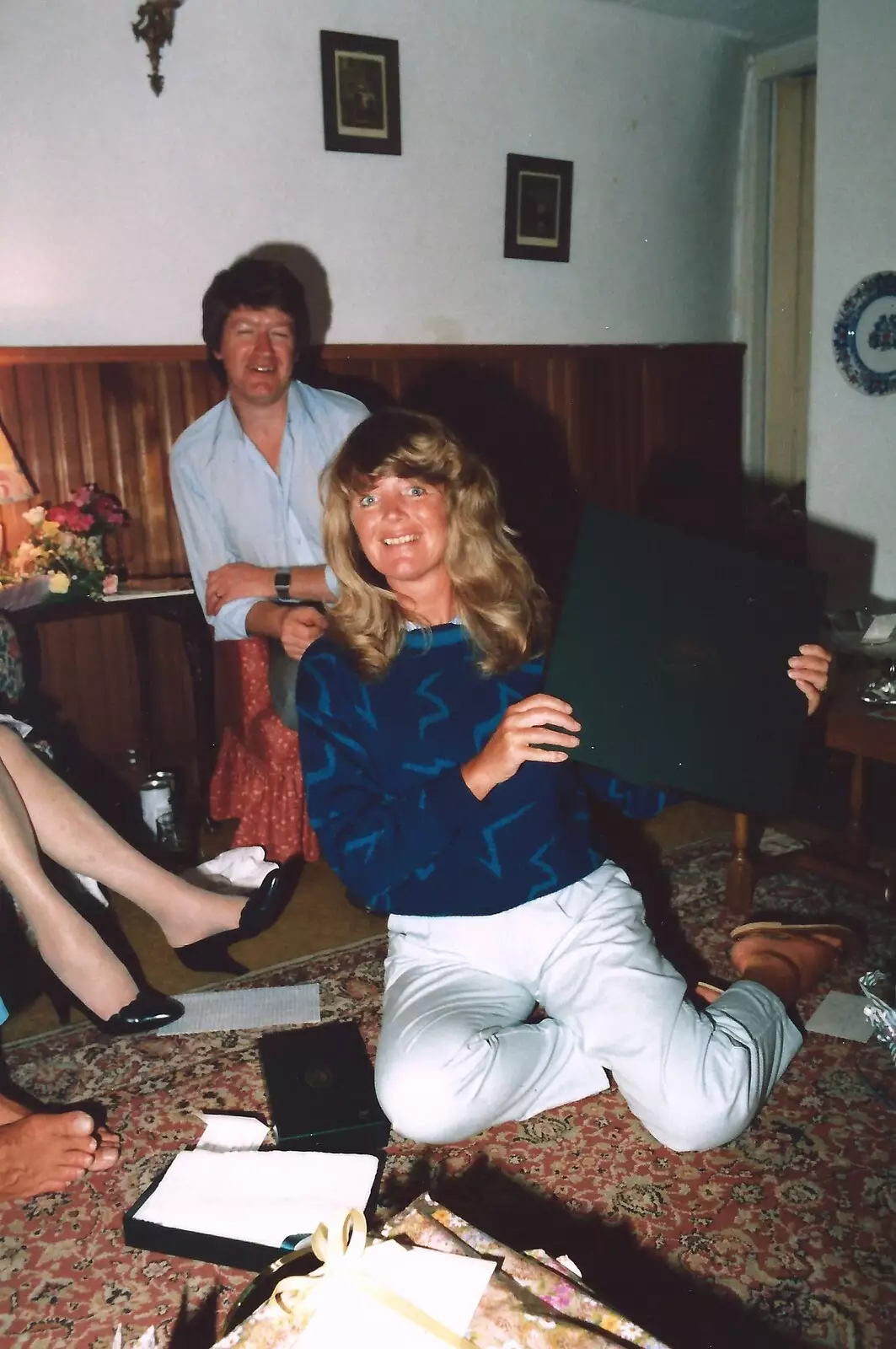 Mother - with a mad perm - holds something up, from Mother and Mike's Wedding Reception, Bransgore, Dorset - 20th August 1988