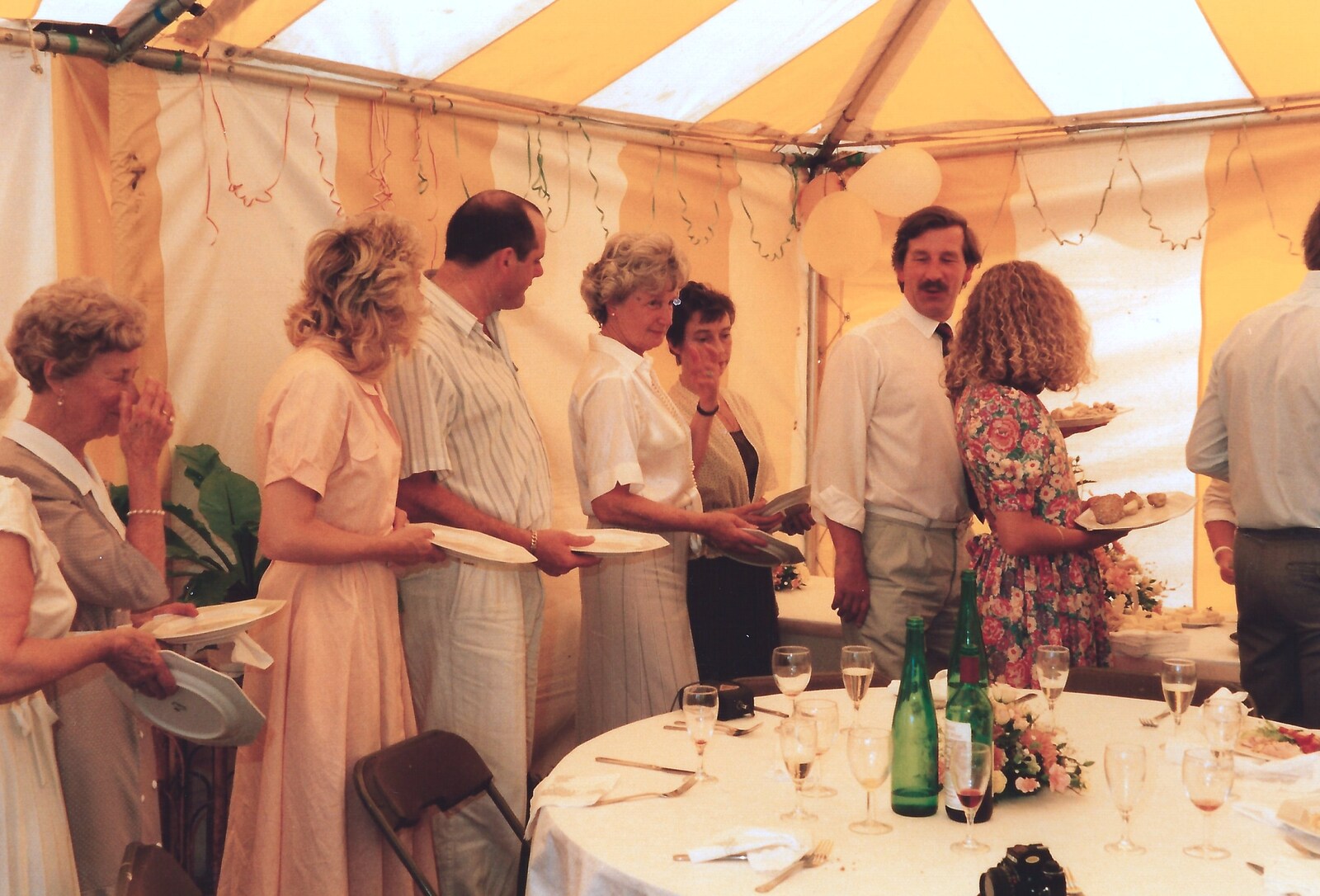 There's a queue for food from Mother and Mike's Wedding Reception, Bransgore, Dorset - 20th August 1988
