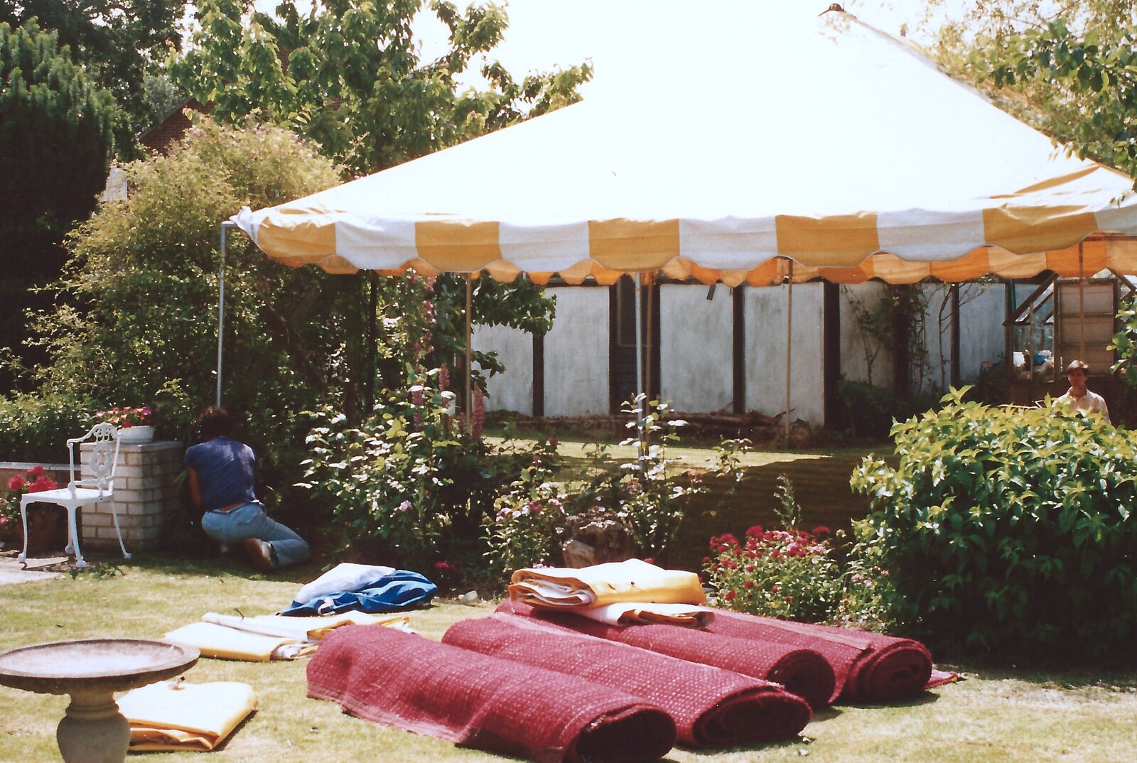Rolls of carpet on the lawn from Mother and Mike's Wedding Reception, Bransgore, Dorset - 20th August 1988