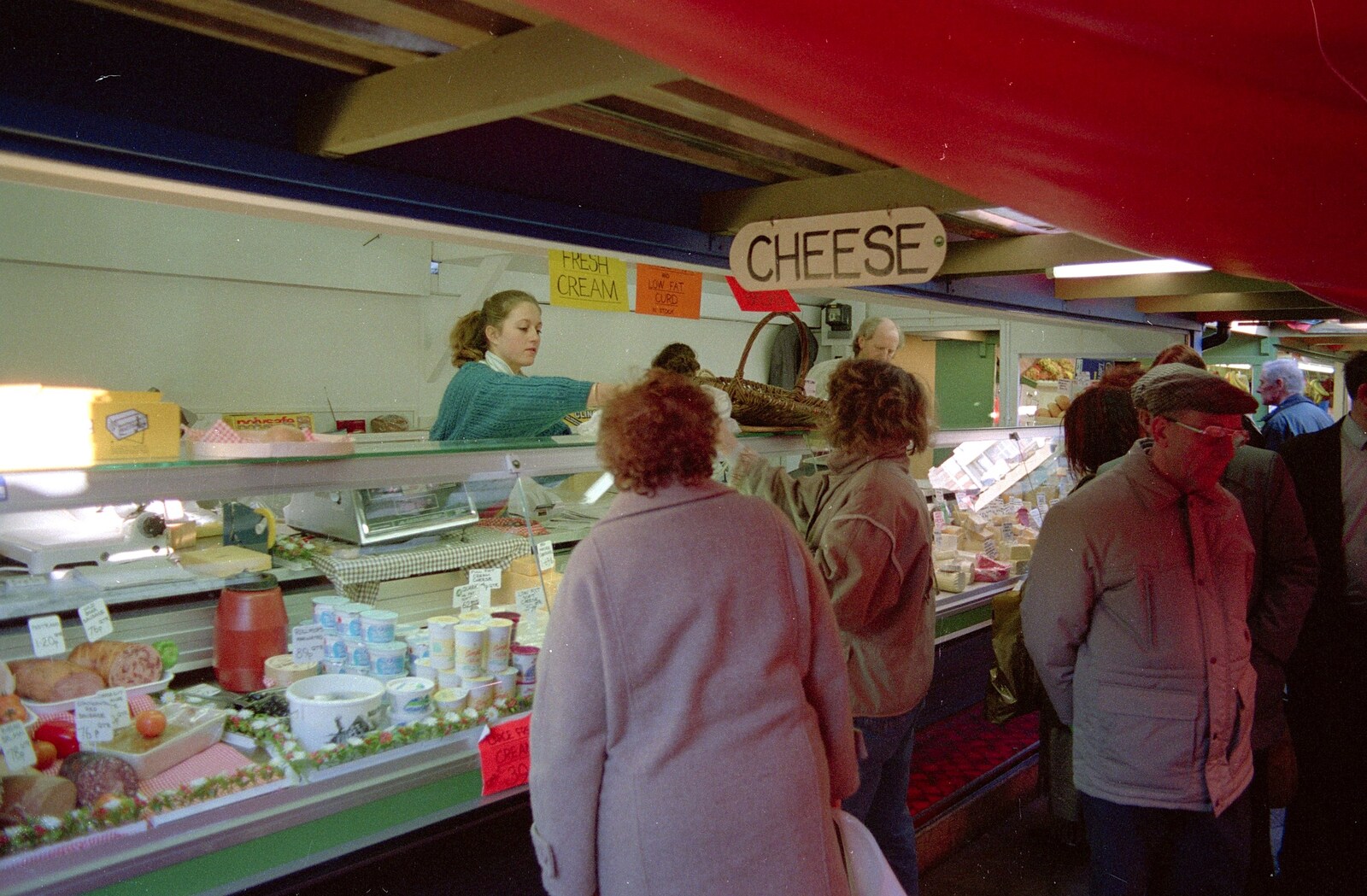 More cheese-stall action in Norwich market from Leaving Sewell's Cottages: from Red House to New Milton and Farnborough - 22nd September 1988