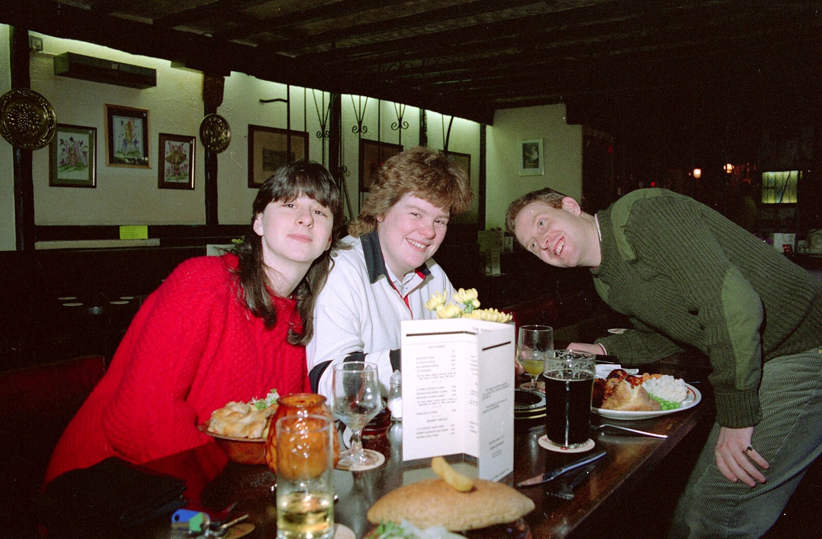Jackie, Kate and Andrew in the Walkhampton Inn from Uni: Gus Honeybun and the Windy Gimli Burger, Plymouth - 17th October 1988
