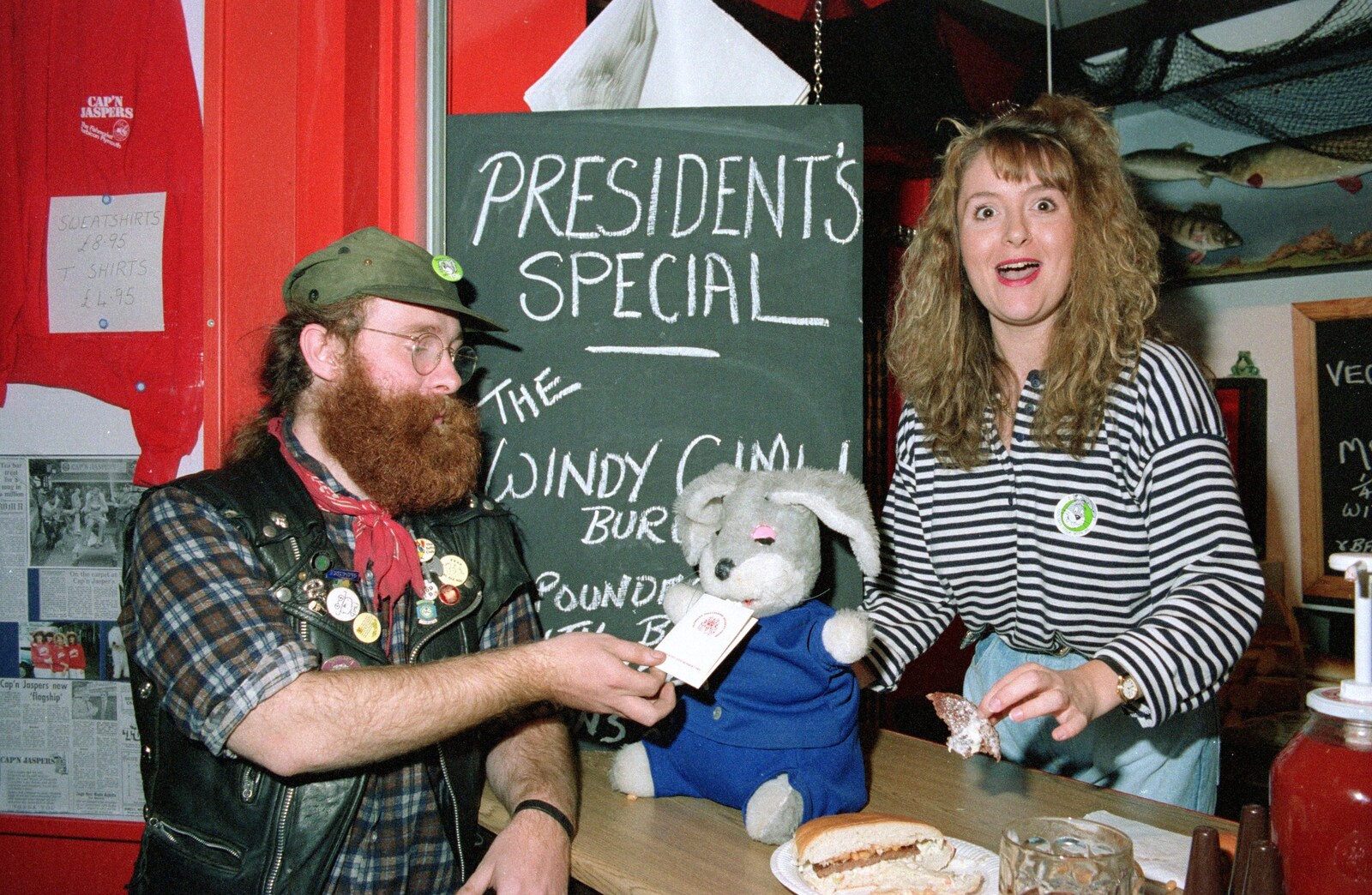 Gimli, the SU President and Gus Honeybun from Uni: Gus Honeybun and the Windy Gimli Burger, Plymouth - 17th October 1988